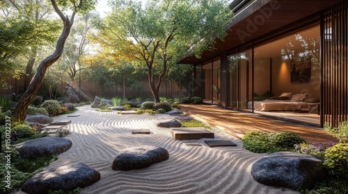 Serene zen garden, rocks, sand, modern house.