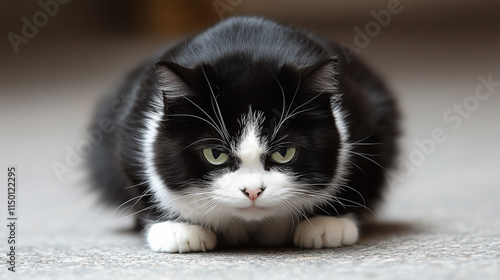 Intense Stare: Black and White Cat in Crouching Position on Carpet photo