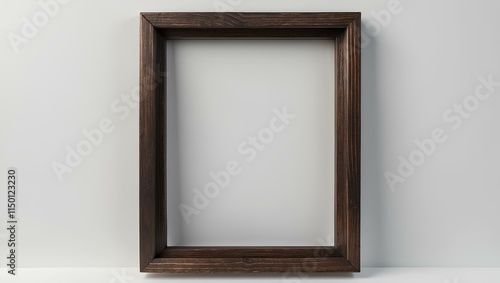 A dark brown wooden picture frame, empty, stands against a plain white background. Ideal for mockup and display purposes.