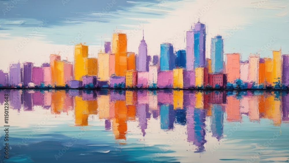 Fototapeta premium Abstract Cityscape Painting of a Vibrant Skyline Reflecting on Calm Wate skyline reflected in water