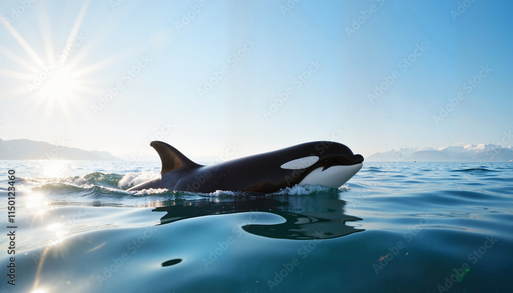 Obraz premium An orca gracefully swims through the calm waters, basking in the warmth of the sun on World Wildlife Day, highlighting the beauty of marine life and conservation efforts