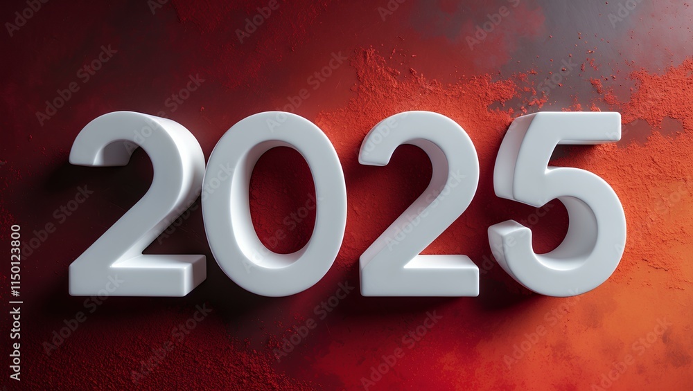 The year 2025 in bold white 3D text on a textured red background. Minimalist and striking, great for new year graphics. The year 2025 in bold white 3D text on a textured red background. Minimalist and striking, great for new year graphics.