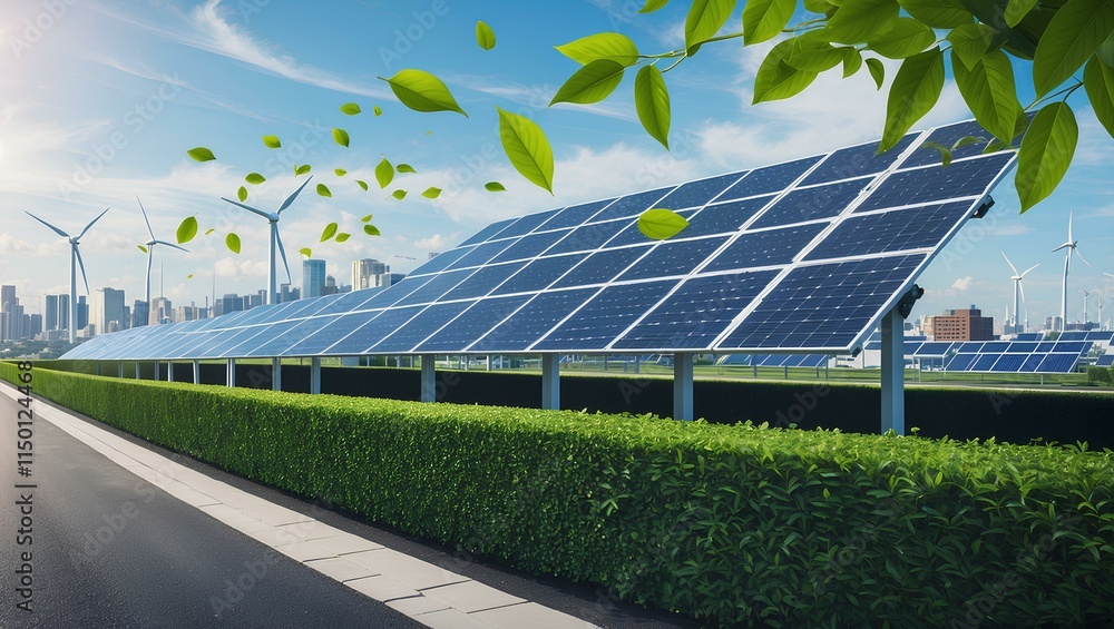 Fototapeta premium Solar panels and wind turbines generate clean energy with leaves blowing in the wind, representing renewable resources and sustainability in a modern setting.