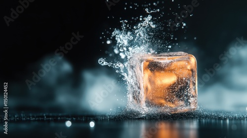 A single ice cube splashes into water with dramatic lighting, capturing the motion and clarity of the water droplets in a striking, dynamic composition. photo