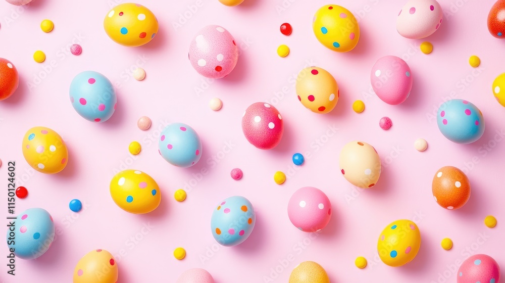 Colorful Easter Eggs and Candies on Pink Background for Celebration Colorful Easter Eggs and Candies on Pink Background for Celebration