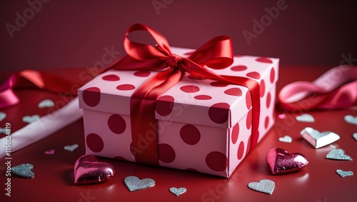 A wrapped gift with a red ribbon is surrounded by heart decorations, creating a festive and romantic display for Valentine's Day.