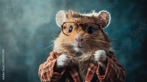 A charming image of a hamster wearing glasses and a flannel jacket, striking a pose. The picture highlights a humorous and whimsical rendition of an anthropomorphized animal. photo