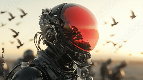 A sleek black astronaut helmet with a striking red visor, set against a sunset backdrop, reflects a stunning landscape and embodies futuristic exploration. photo