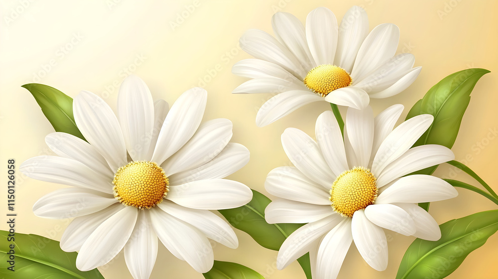 Fototapeta premium A delicate arrangement of white daisies and green leaves on a soft pastel yellow background for a cheerful spring vibe
