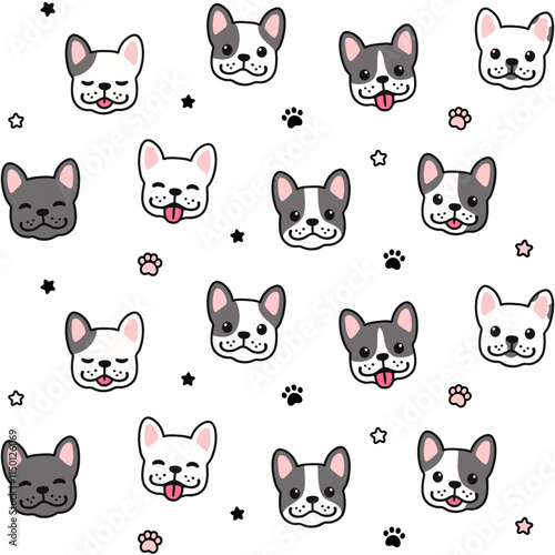 Cute cartoon French Bulldog faces  seamless pattern. Hand drawn Frenchie pups, paws, stars. Simple vector background illustration.
