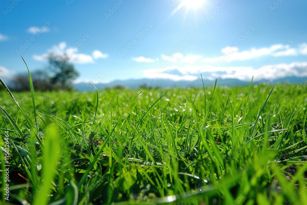 Fototapeta premium Dew-covered green grass blades glowing bright morning sunlight scenic horizon