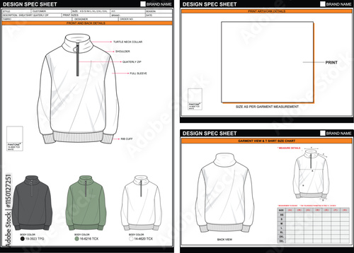 SWEATSHIRT QUATERLY ZIP EASY EDITABLE EMPTY TECHPACK MEASUREMENT LAYOUT TEMPLATE DESIGN