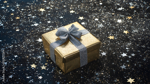 A shimmering New Years Eve gift box wrapped in metallic gold paper tied with a silver ribbon and surrounded by glittery stars. photo