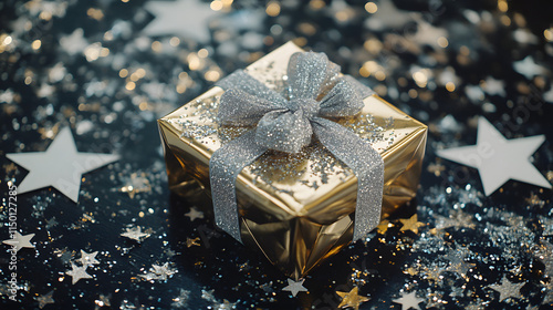 A shimmering New Years Eve gift box wrapped in metallic gold paper tied with a silver ribbon and surrounded by glittery stars. photo