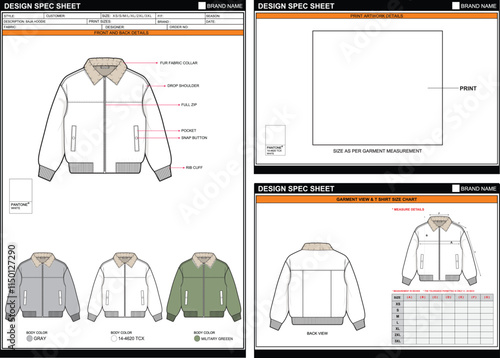 WINTER BOMBER JACKET EASY EDITABLE EMPTY TECHPACK MEASUREMENT LAYOUT TEMPLATE DESIGN