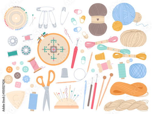Cartoon knitting and sewing elements. Color threads, embroidery hoops, cozy crafting hobby, needlework items, wool yarn balls, scissors and buttons isolated vector handcraft set