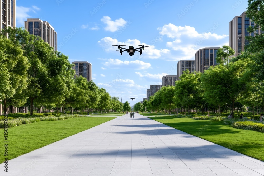 Fototapeta premium A peaceful park in a futuristic city, with hovering drones maintaining the greenery and people enjoying advanced recreational tech