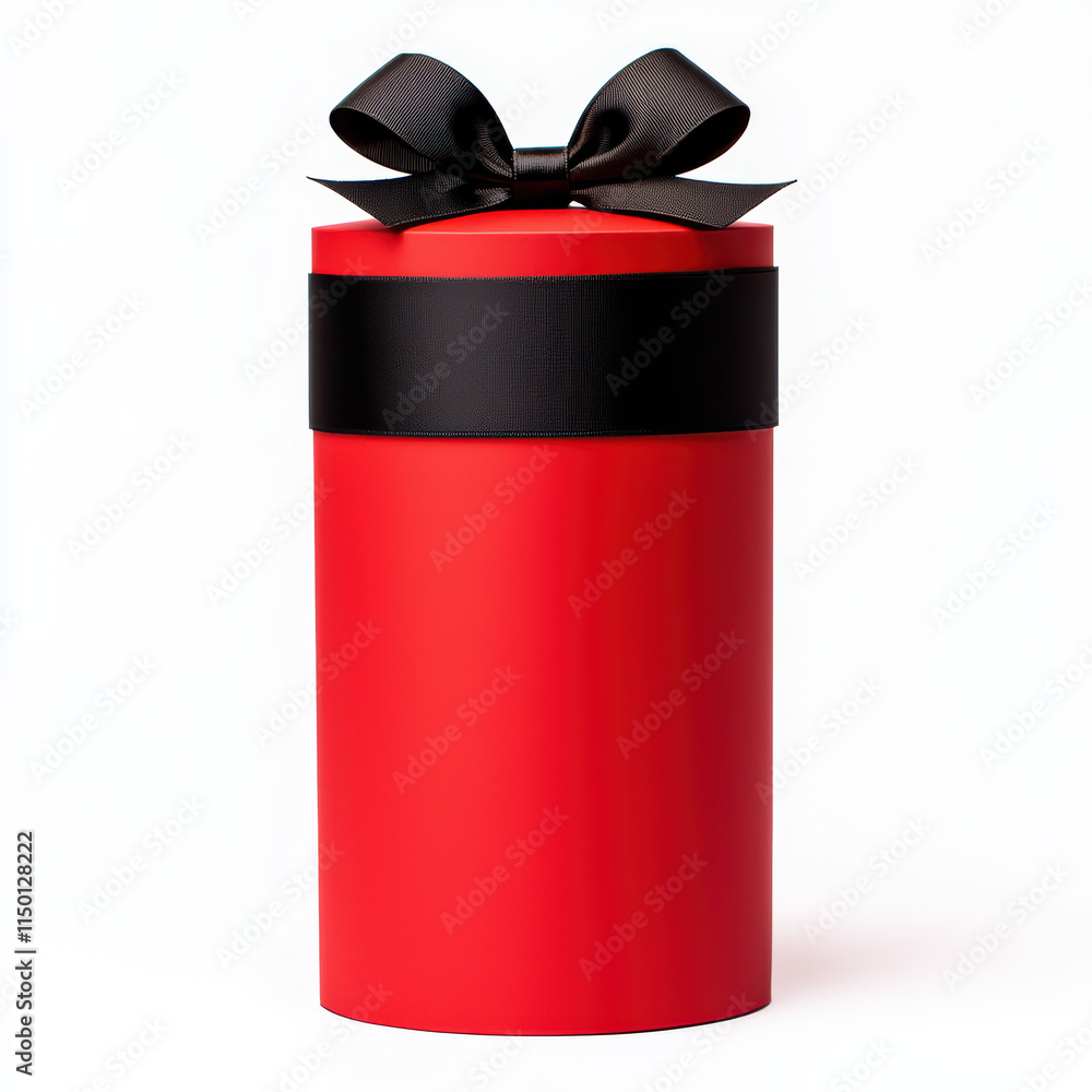 vibrant red cylindrical gift box adorned with sleek black ribbon, perfect for celebrations