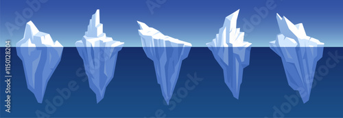 Cartoon floating icebergs. Triangle style arctic rocks, antarctic glaciers with underwater part, cold water blocks, polar mountain in ocean isolated winter elements, nowaday vector set