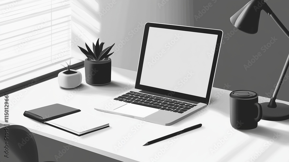 Minimalist Black and White Workspace with Laptop, Stationery, and Natural Light Minimalist Black and White Workspace with Laptop, Stationery, and Natural Light