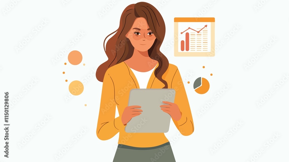 Obraz premium Young Woman Using Tablet Showing Business Graph Data Analytics