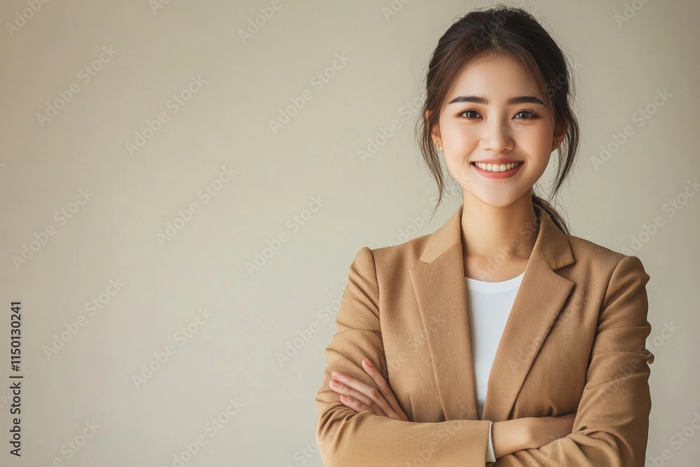 A confident portrait of a smiling Asian woman standing with arms crossed, wearing a stylish blazer, set against a neutral background with soft lighting for a professional look A confident portrait of a smiling Asian woman standing with arms crossed, wearing a stylish blazer, set against a neutral background with soft lighting for a professional look