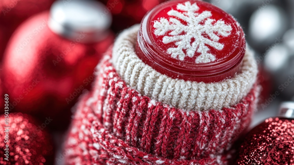 Festive red and white knitted stocking holding a small, decorated, red glass jar with a snowflake design; surrounded by Christmas ornaments. Festive red and white knitted stocking holding a small, decorated, red glass jar with a snowflake design; surrounded by Christmas ornaments.