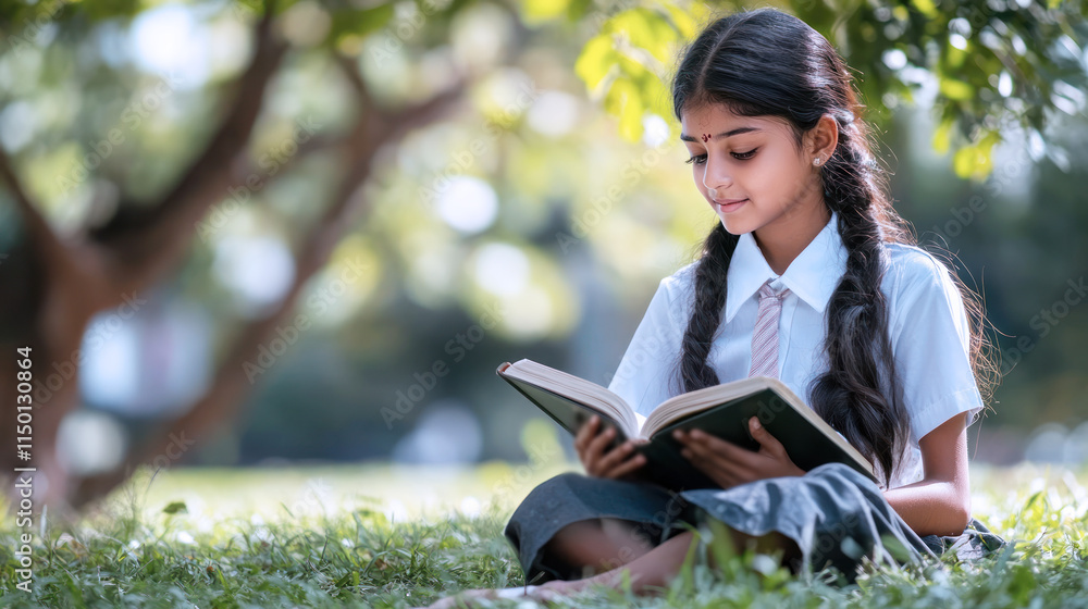 Indian girl sitting on grass under the tree reading a book studying