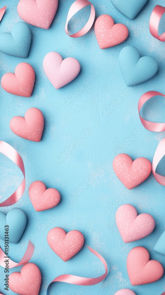 A vibrant blue background with pink and light blue heart-shaped decorations and ribbons, creating a festive and romantic atmosphere. A vibrant blue background with pink and light blue heart-shaped decorations and ribbons, creating a festive and romantic atmosphere.