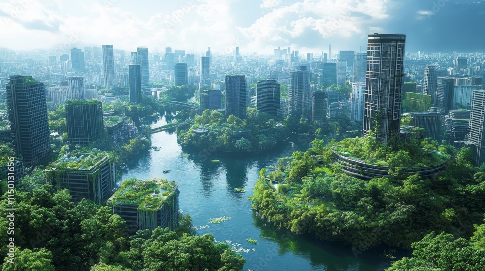 Fototapeta premium green energy biomass solutions concept. A futuristic cityscape harmoniously blending nature and modern architecture, featuring lush greenery surrounding sleek skyscrapers and a winding river.