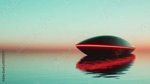 A striking futuristic pod design silently floats on a tranquil waterscape during dusk, combining cutting-edge aesthetics with serene, contemporary natural beauty. photo