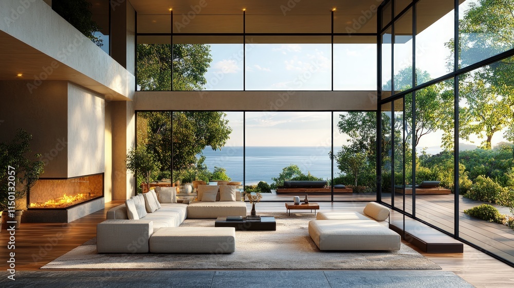 Modern living room, ocean view, fireplace, large windows. Modern living room, ocean view, fireplace, large windows.