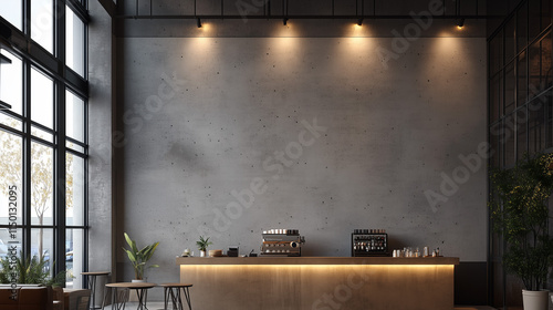 Modern Industrial Cafe Bar with Minimalist Concrete Interior and Warm Lighting
