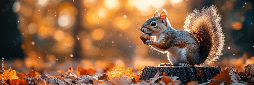 Obraz premium Squirrel eating nut on autumn stump.