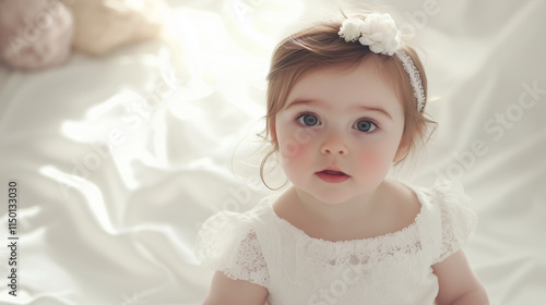 Angelic Baby Girl in White Lace Dress with Floral Headband