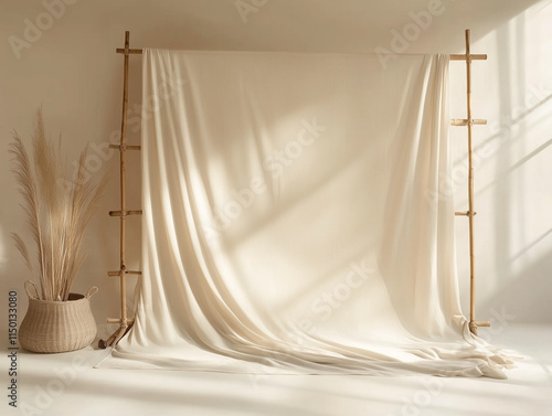 Minimalist Photography Backdrop: Cream Fabric Drape with Pampas Grass