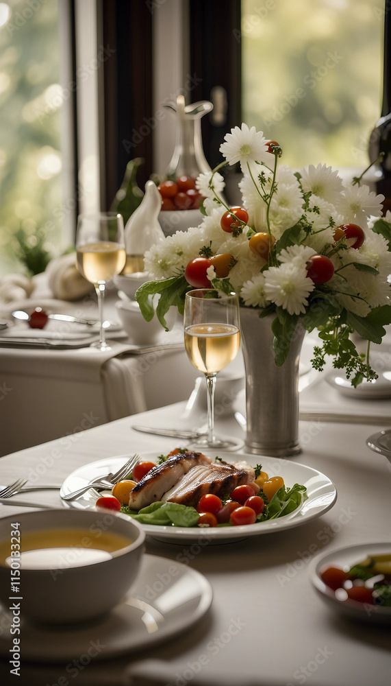 A plate of delicious grilled chicken salad adorned with fresh vegetables and topped with creamy dressing, served in a sophisticated dining setting featuring a glass of wine and fine cutlery.
A plate of delicious grilled chicken salad adorned with fresh vegetables and topped with creamy dressing, served in a sophisticated dining setting featuring a glass of wine and fine cutlery.