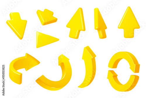 3d arrows and pointers. Yellow interactive cursors, different directions and forms, turns, circular, up, down, voluminous style, cartoon render glossy isolated elements vector set
