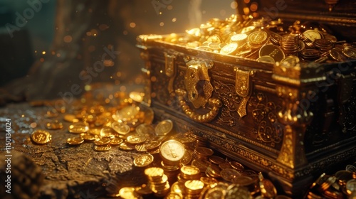 A dramatic scene of gold treasure, with gold coins and bars spilling from an ancient chest,