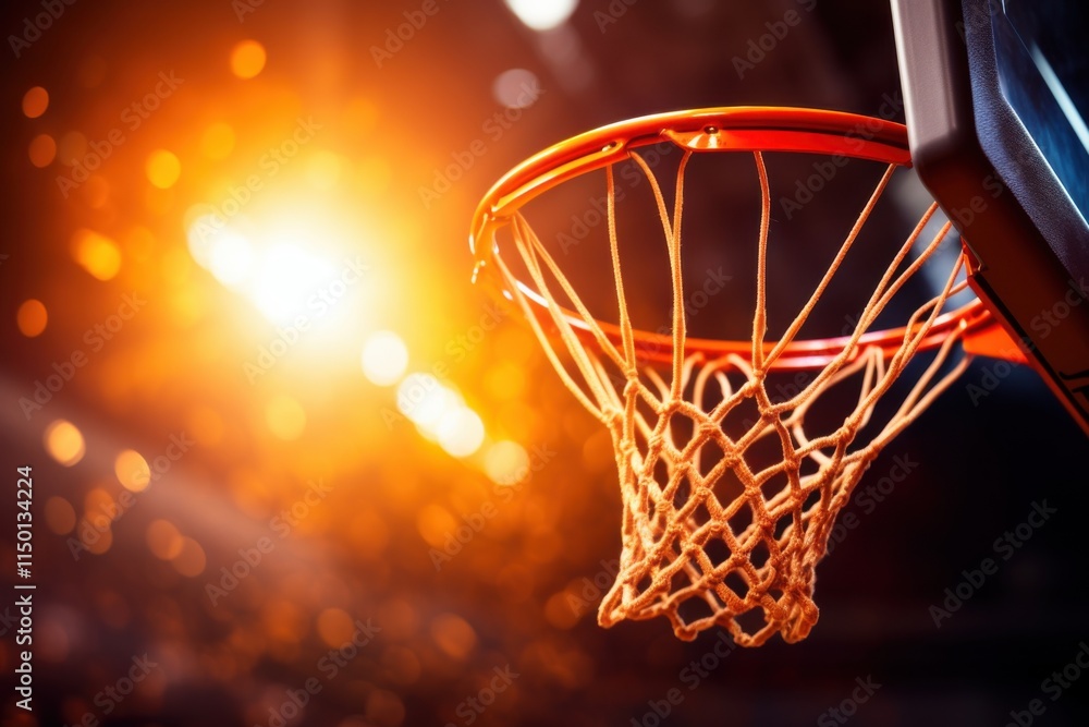 photograph of Close-up: The basketball is landing in the basket. photograph of Close-up: The basketball is landing in the basket.