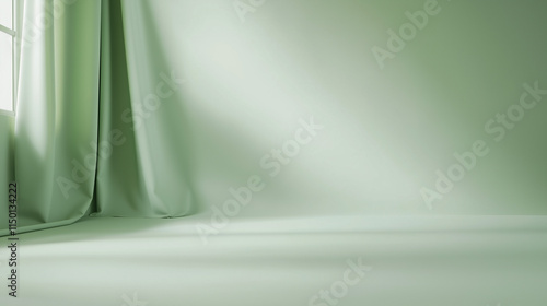 Serene Mint Green Studio Background with Draped Curtain and Soft Shadows