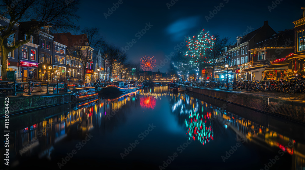 Obraz premium A stunning fireworks display above Amsterdams canals with colorful reflections creating a magical atmosphere.