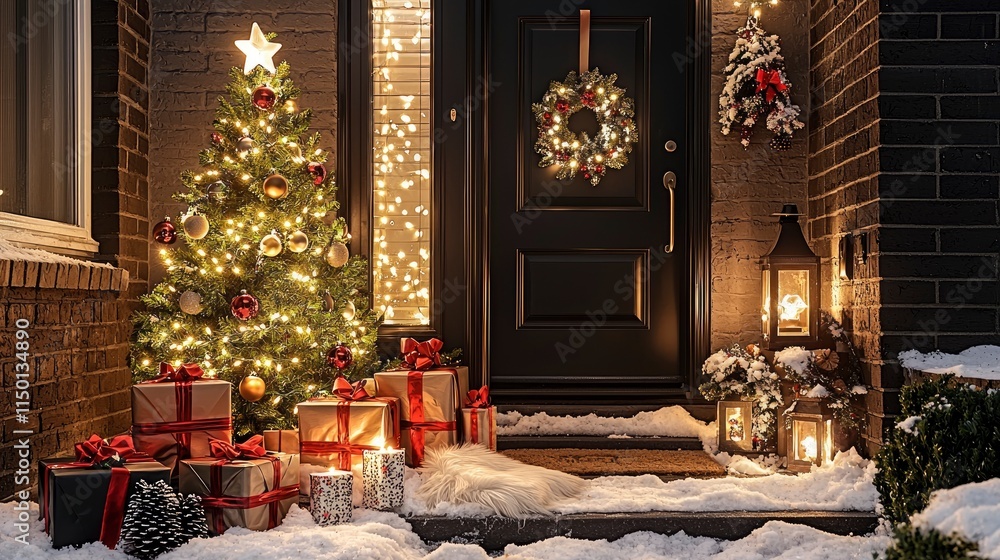 Obraz premium Festive Christmas Entrance with Decorated Tree and Gifts