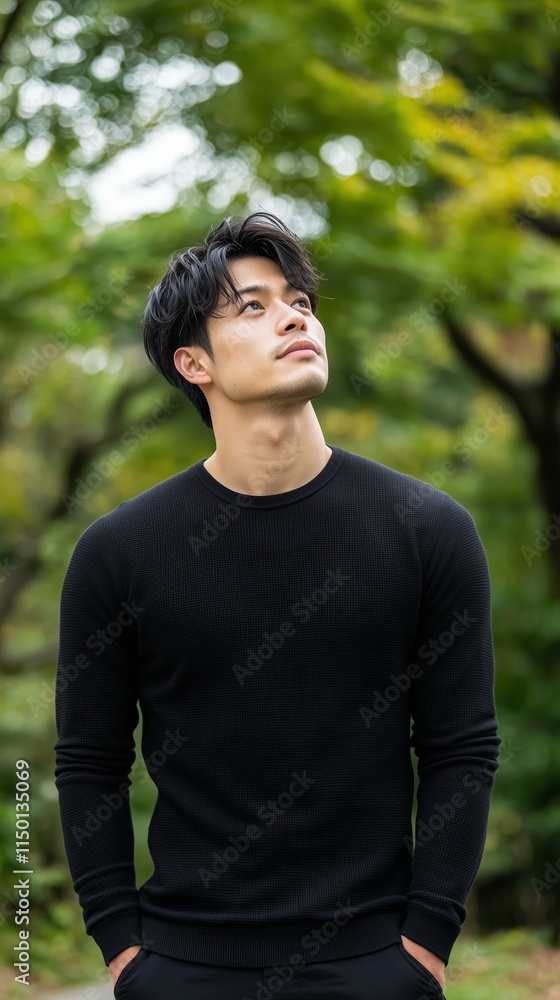 Young Man in Black Sweater Gazing at Nature Young Man in Black Sweater Gazing at Nature