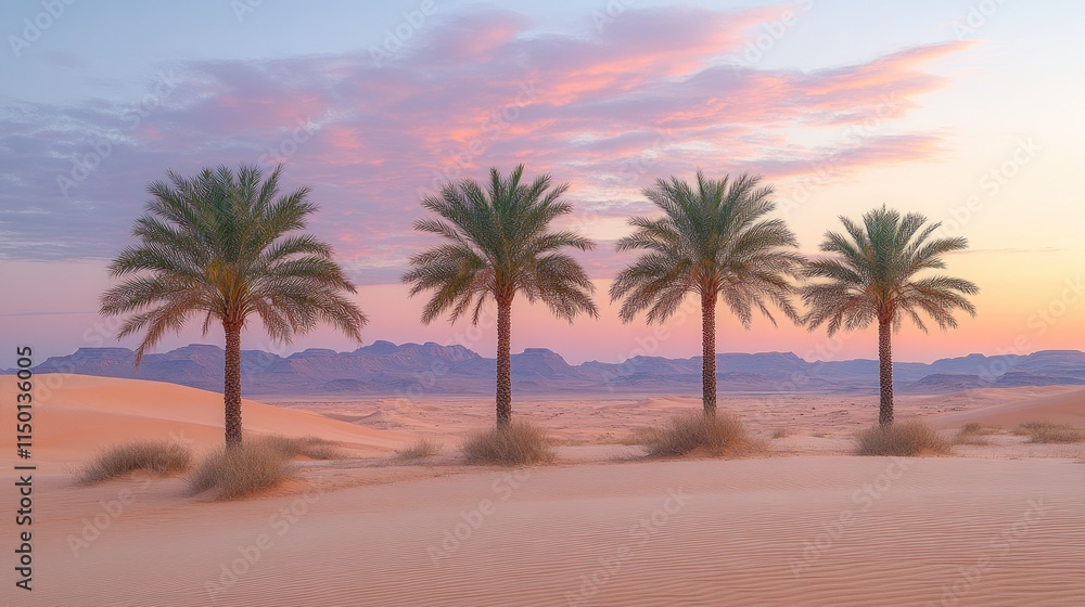Fototapeta premium Four palm trees in desert sunset.