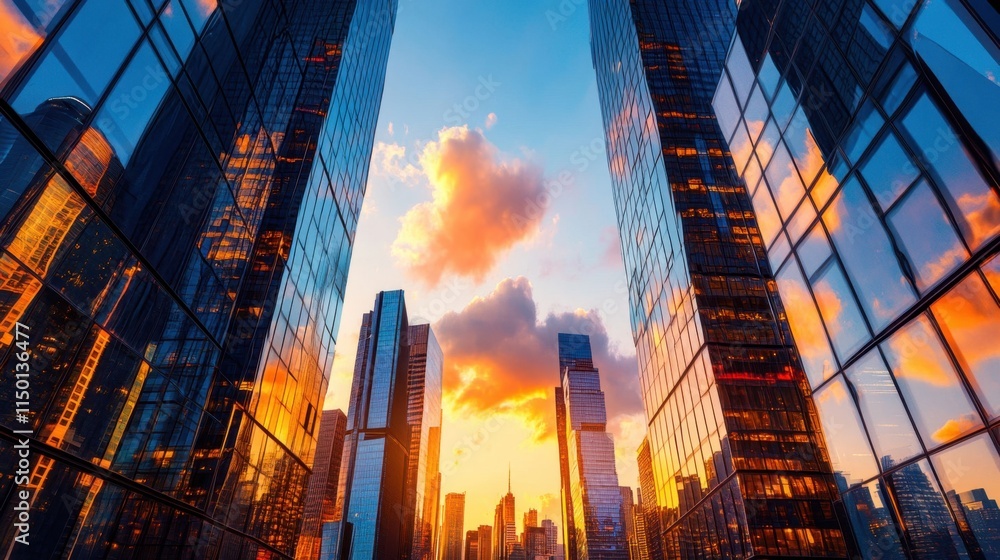 Urban Sunset Reflection in Skyscrapers with Colorful Sky Urban Sunset Reflection in Skyscrapers with Colorful Sky