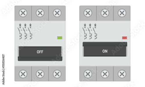 Miniature three pole circuit breakers. Set of MCB devices for a DIN rail mount. Flat style vector illustration isolated on white