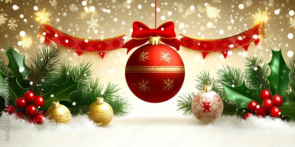 Festive Christmas Ornament Holly Pine Snow Red Ribbon Gold Baubles Winter Holiday Background Festive Christmas Ornament Holly Pine Snow Red Ribbon Gold Baubles Winter Holiday Background