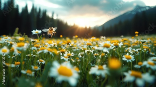 A bee buzzes through a field of daisies as the sun sets behind majestic mountains, creating a scene of tranquility and natural beauty in the picturesque backdrop. photo