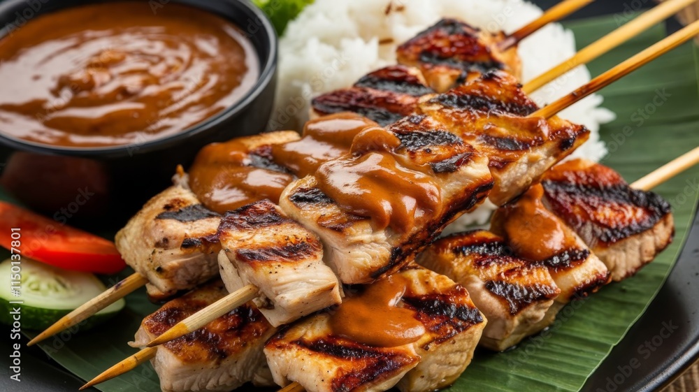 Delicious grilled chicken satay skewers with rich peanut sauce Delicious grilled chicken satay skewers with rich peanut sauce